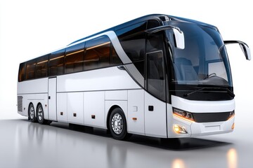 Luxurious modern bus designed for long-distance travel, showcasing sleek lines and comfort features in bright daylight