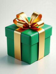 Obraz premium Green gift box with gold ribbon and bow isolated on white background in studio shot