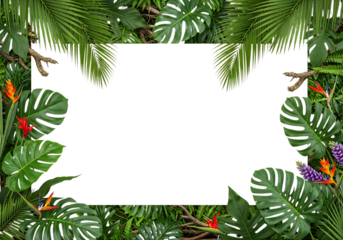 Tropical leaves frame with white copy space for text isolated on transparent background
