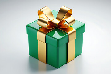 Obraz premium A green gift box with a golden ribbon and bow isolated on white background, ready for gifting