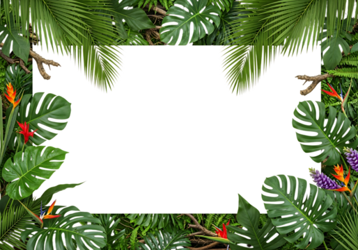 Tropical leaves frame with white copy space for text isolated on transparent background