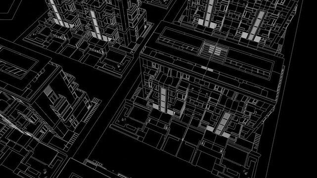 Animation of a Generic Apartment Building with solar panels on top, Seamless Looped Animation, 3D Linework rendering, Black