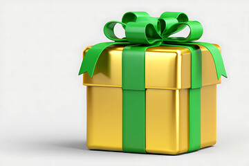 Obraz premium Gold gift box with green ribbon and bow isolated on white background for holiday celebration