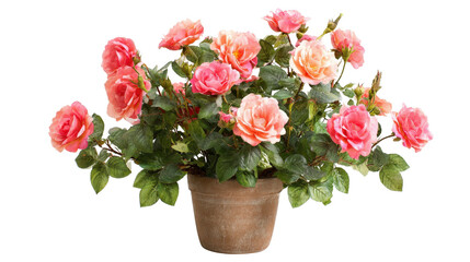 Obraz premium Hybrid tea rose bush in a plastic garden container isolated on a Transparent background, PNG file.