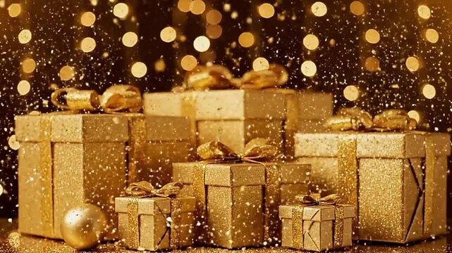 Gold gifts of various sizes stand in front of a sparkling background