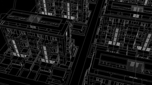 Animation of a Generic Apartment Building with solar panels on top, Seamless Looped Animation, 3D Linework rendering, Black