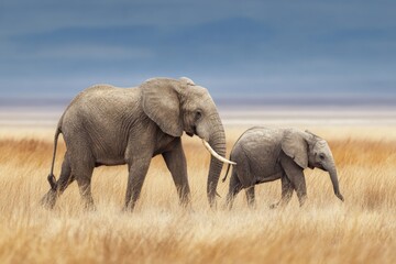 Obraz premium Graceful mother elephant and playful calf nuzzling together in the African savannah, captured in a serene wildlife scene with golden grass and soft light