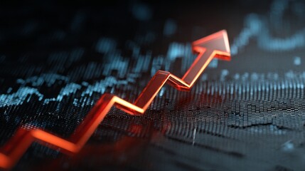 3D abstract financial chart with red arrow depicting downward trend over blue digital data on dark background
