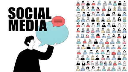 Engaging social media dialogue connecting diverse communities visually represented by a multitude of stylized people icons