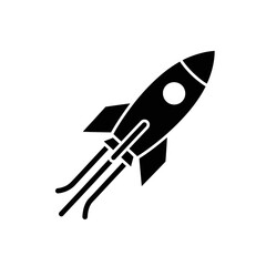Obraz premium A stylized black rocket ship icon is depicted against a white background, ascending.
