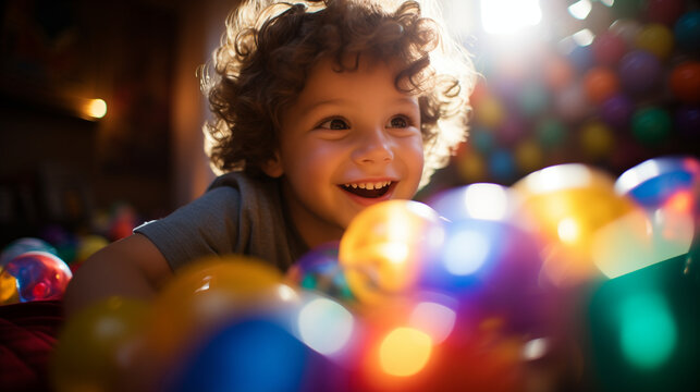 Young boy with autism engaging with a colorful sensory toy, his eyes filled with curiosity and happiness - Powered by Adobe