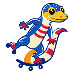 Cartoon gecko skateboarder with red white and blue design