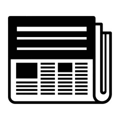 A stylized black and white illustration of a folded newspaper with text and image placeholders.