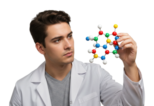 Young caucasian male scientist analyzing molecular model in white lab coat. Cut out PNG