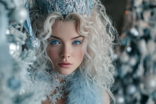 Ethereal winter portrait of young woman with icy blue eyes and blonde curls surrounded by swirling snowflakes and frosty white fur