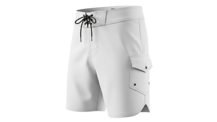 Men's white board shorts with drawstring and cargo pocket isolated on white
