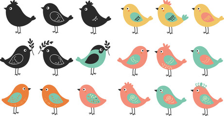 Colorful cartoon birds, stylized vector illustration, decorative avian set, cute animal clipart, whimsical design elements, nature theme, printable artwork