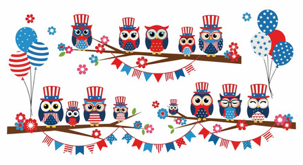 A Cheerful Collection of Patriotic Owls in Top Hats on Branches with Bunting and Balloons