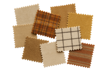 Collection of Textured Fabric Swatches Featuring Plaid, Herringbone, and Striped Patterns in Earthy Tones