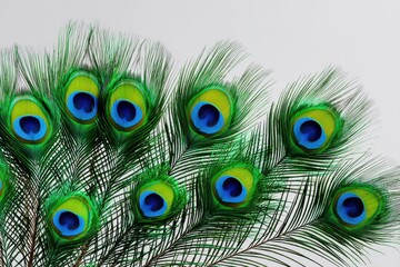 Obraz premium Vibrant peacock feathers displaying brilliant colors in a natural arrangement during a bright sunny day