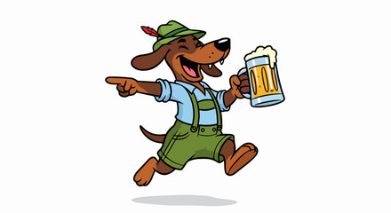 Joyful cartoon dachshund in Bavarian Lederhosen, running and pointing while holding a frothy beer mug.