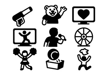 Black filled icons showing fun halftime activities like dancing fans, mascots, kiss cam and t-shirt giveaways. Great for event UI, posters and stadium visual assets.