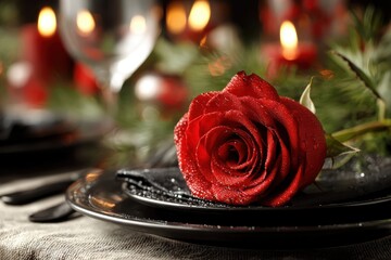 Romantic table setting featuring a red rose on black plates with candlelight background