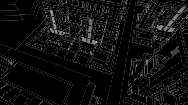 Animation of a Generic Apartment Building with solar panels on top, Seamless Looped Animation, 3D Linework rendering, Black
