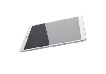 Photo of a modern white tablet with a large screen displaying a dark and light grey reflection, isolated on transparent background