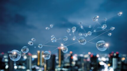 Naklejka premium Floating translucent spheres connected by glowing lines symbolizing global business networks for business presentations, tech advertising, or innovative concept design.