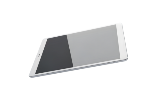 Photo of a modern white tablet with a large screen displaying a dark and light grey reflection, isolated on transparent background