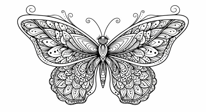 Intricate black and white zentangle butterfly with ornamental wings and curled antennae.