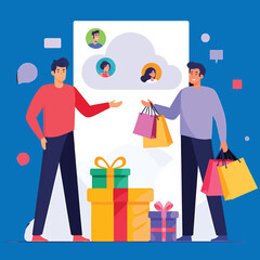 Social commerce concept with people connecting online for group shopping