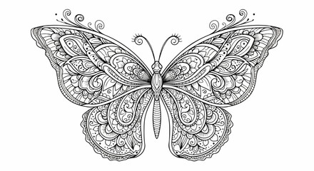 Ornate butterfly illustration with intricate zentangle patterns, detailed line work, and decorative swirls.