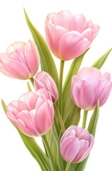Fototapeta premium A cluster of soft pink tulips with green leaves, showcasing nature's delicate beauty and vibrant spring colors.