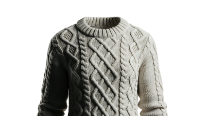 Classic cable-knit sweater in a neutral cream color isolated on white