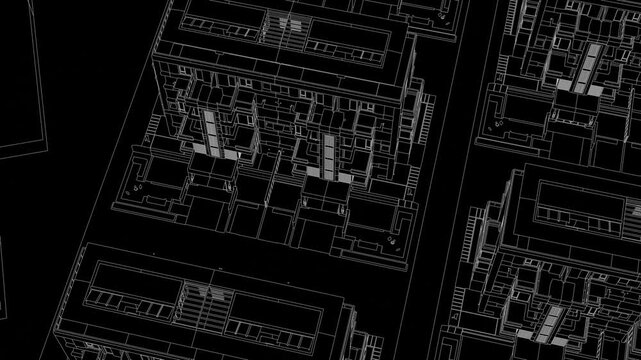 Animation of a Generic Apartment Building with solar panels on top, Seamless Looped Animation, 3D Linework rendering, Black