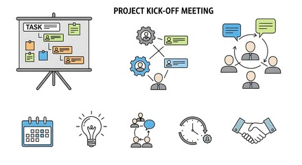 Project Kick-Off Meeting Icons with Task Board and Collaboration Diagram