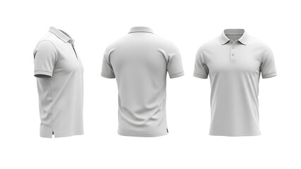Blank white polo shirt mockup with front, back, and side views for apparel branding.