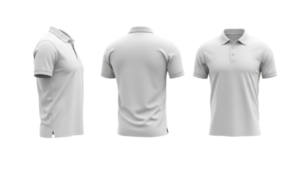 Blank white polo shirt mockup with front, back, and side views for apparel branding.