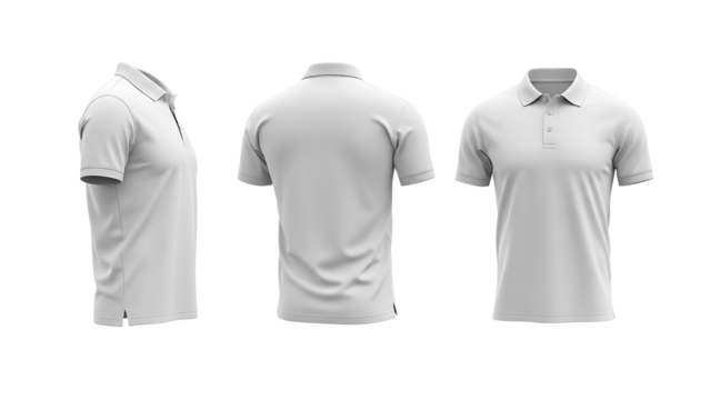 Blank white polo shirt mockup with front, back, and side views for apparel branding.