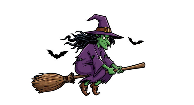 A mischievous green-skinned witch with long black hair, wearing a purple robe and pointy hat, flying on a broomstick.