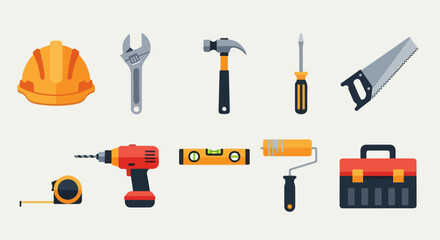Colorful flat design icon set of construction, building, and repair tools.