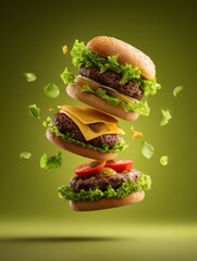 Towering gourmet burger stack with sesame buns, lettuce, cheese, tomato, pickles and beef patty floating on a vibrant green background