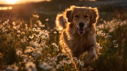Golden retriever running joyfully through a sunlit meadow of wildflowers with gentle backlighting and flying fur, capturing the essence of freedom and happiness in nature