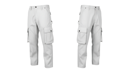 White cargo pants mockup with side pockets, front and side views isolated