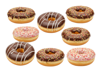 Assorted donuts with chocolate and pink frosting topped with colorful sprinkles. Cut out PNG