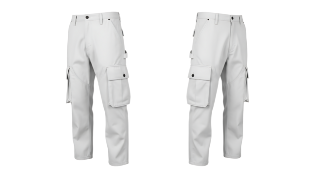 White cargo pants mockup with side pockets, front and side views isolated