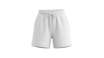 Front view of blank white sweatshorts with drawstring, isolated mockup for apparel design