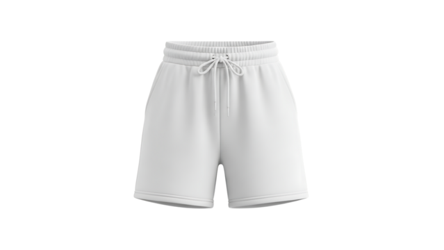Front view of blank white sweatshorts with drawstring, isolated mockup for apparel design